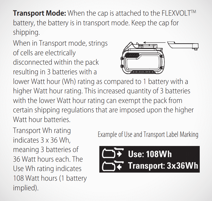 Excerpt from DeWalt manual about transport cap / mode